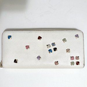 Kate Spade White Leather Zip Around Continental Wallet w/ Multi-Colored Hearts